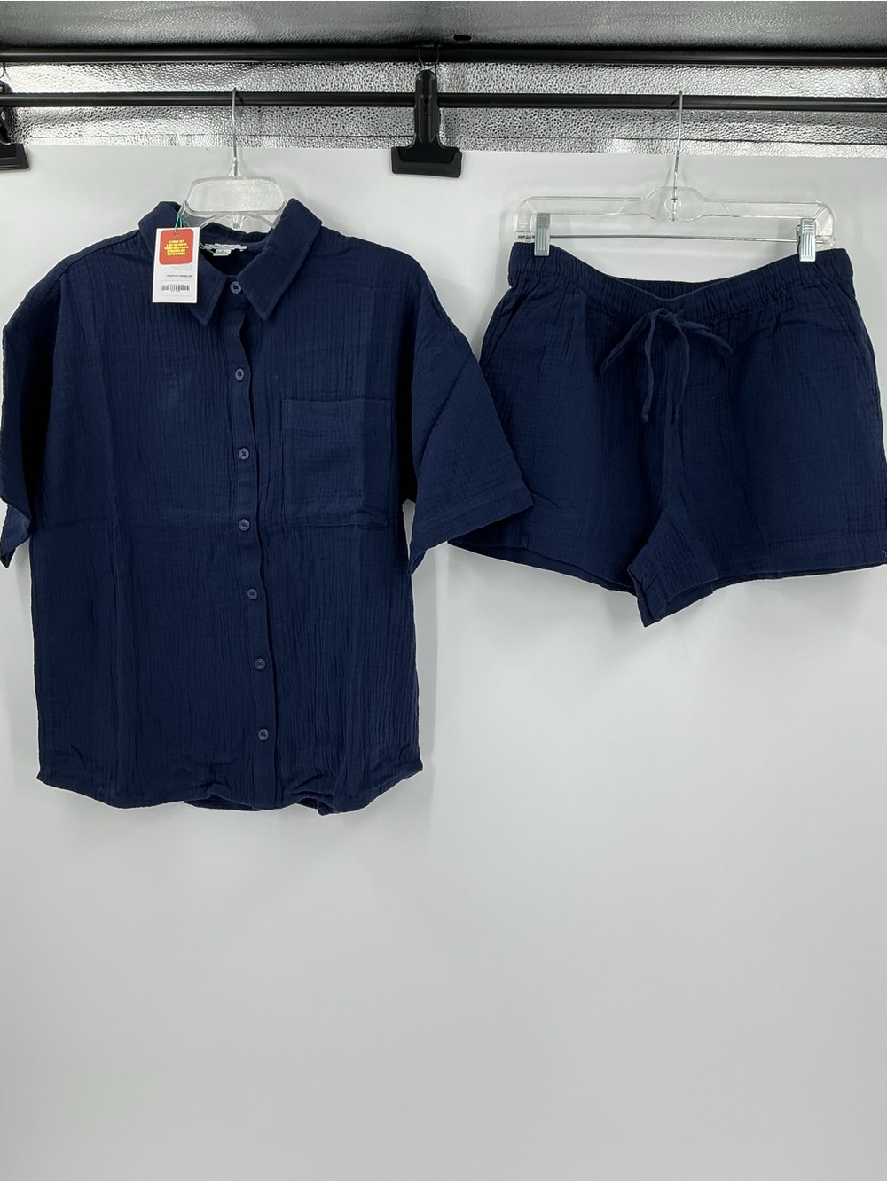 Posh Peanut 2 Piece Gauze Set L Navy Blue Button Up Shirt Shorts Lounge NWT - Picture 2 of 9